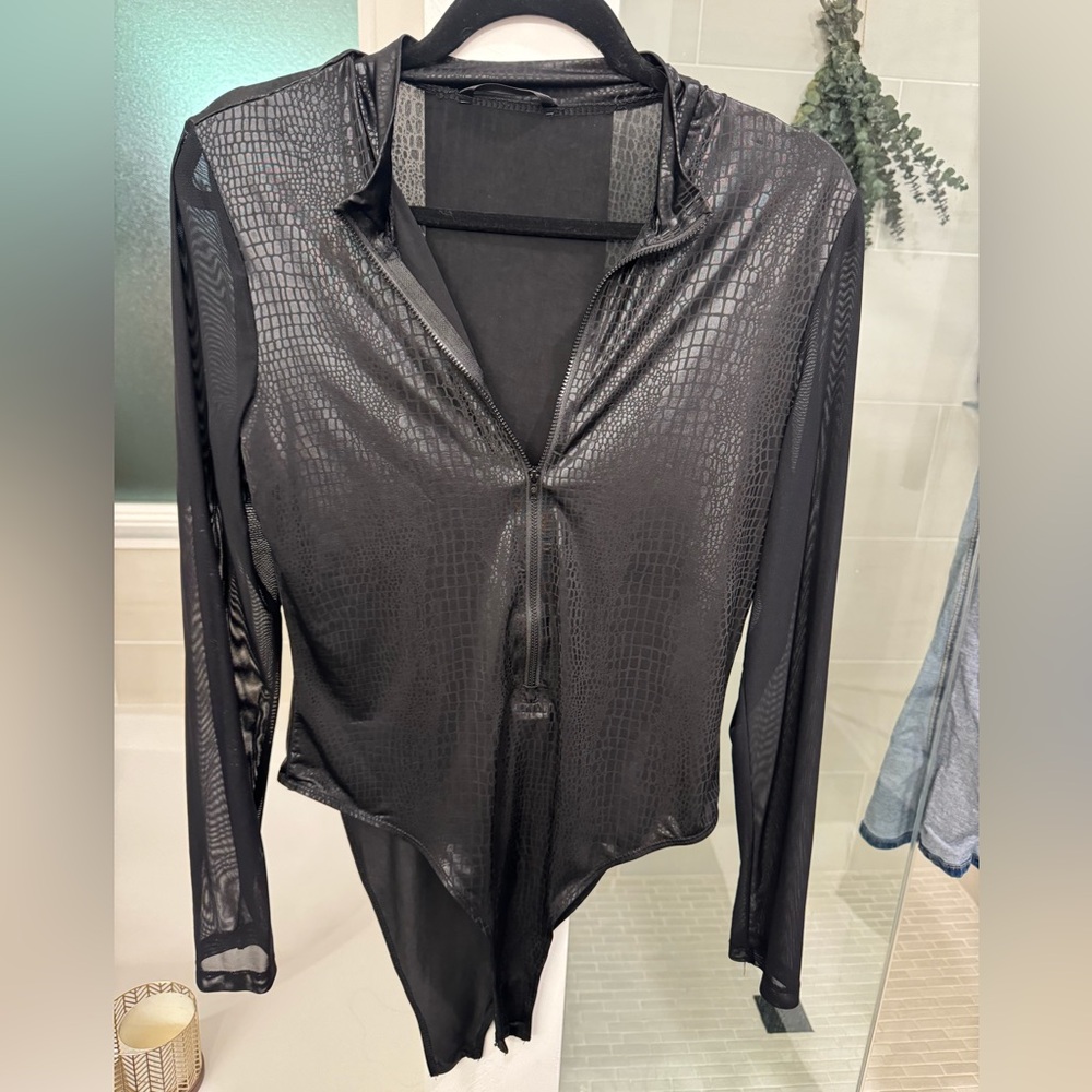 Black crocodile zip up body suit